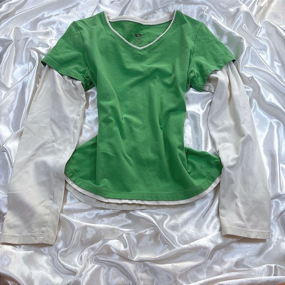 y2k Athletic Works Top Green Layered Long Sleeve V-Neck Cotton Blend